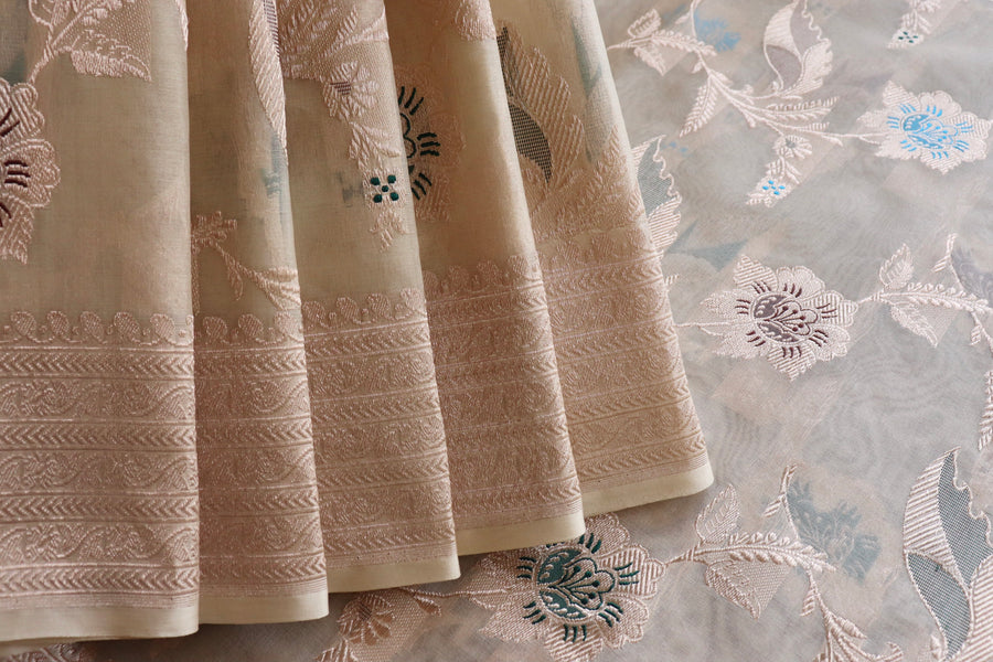 Ivory Kadhua Kora Jangla Handwoven Saree