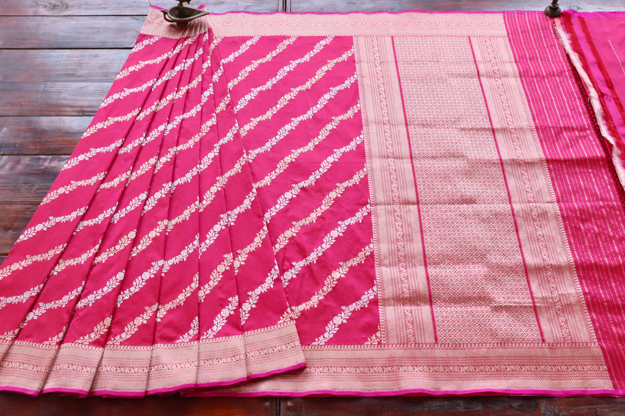 Rani Pink Aada Jangla Pure Katan Silk Banarasi Saree