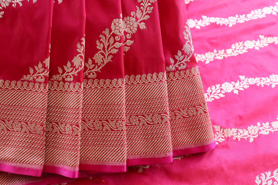 Rani Pink Aada Jangla Pure Katan Silk Banarasi Saree