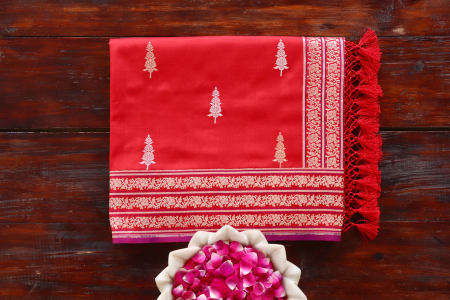 Red handloom Banarsi saree with kadhua motifs in pure silk