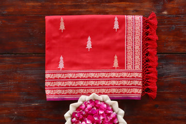 Red handloom Banarsi saree with kadhua motifs in pure silk