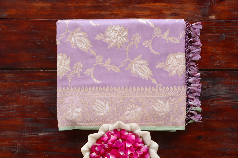 Lilac handloom Banarsi saree with jangla motifs in pure silk