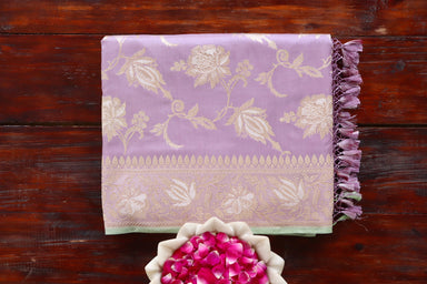 Lilac handloom Banarsi saree with jangla motifs in pure silk