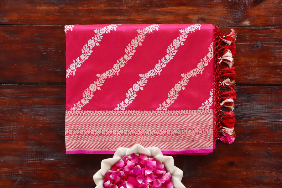 Rani Pink handloom Banarsi saree with jangla motifs in pure Katan silk