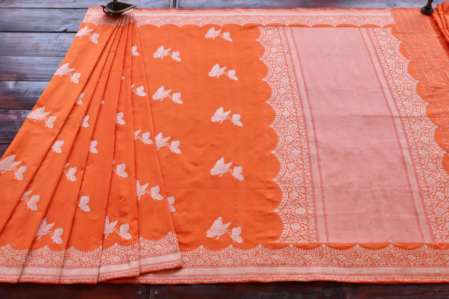 Orange Butterfly Motif Pure Silk Banarasi Saree | Stuti Weaves