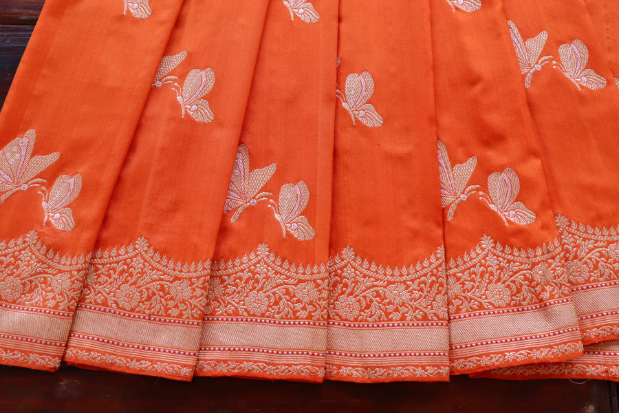 Orange Butterfly Motif Pure Silk Banarasi Saree | Stuti Weaves