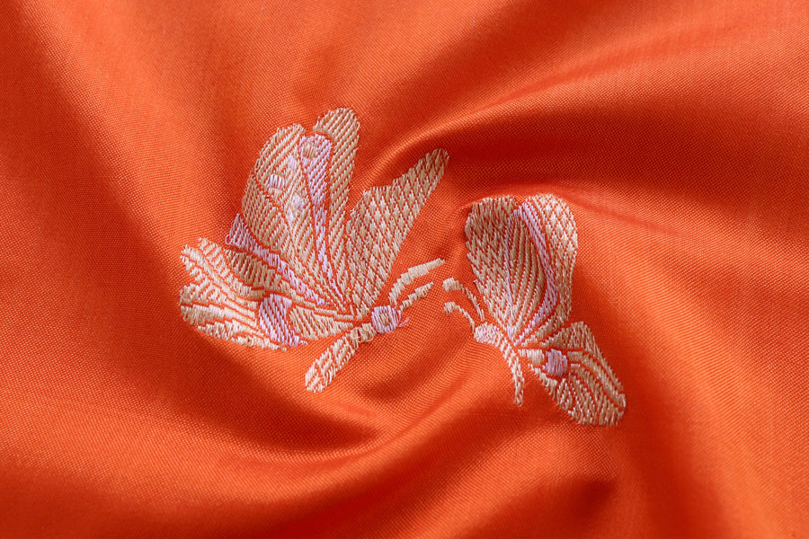 Orange Butterfly Motif Pure Silk Banarasi Saree | Stuti Weaves