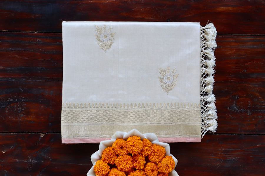 Ivory Sona Rupa pure silk handloom Banarasi saree draped for the camera