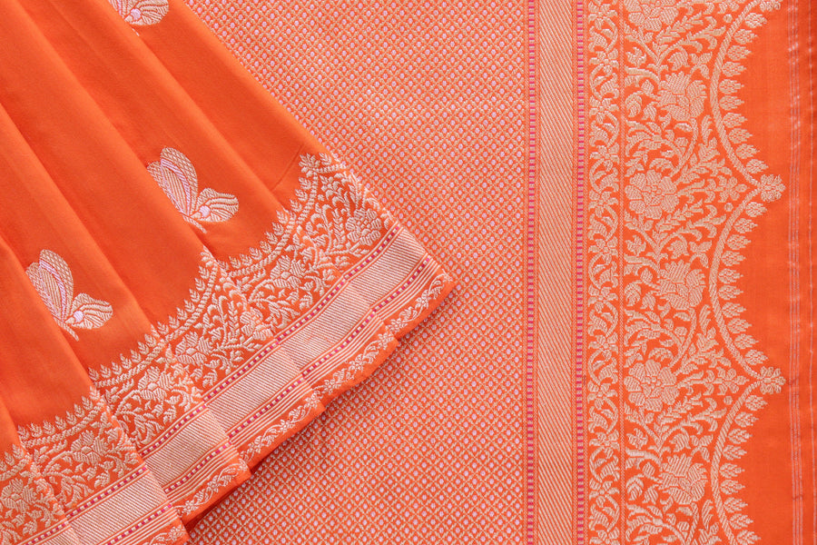 Orange Butterfly Motif Pure Silk Banarasi Saree | Stuti Weaves