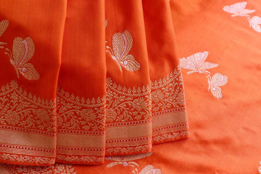 Orange Butterfly Motif Pure Silk Banarasi Saree | Stuti Weaves