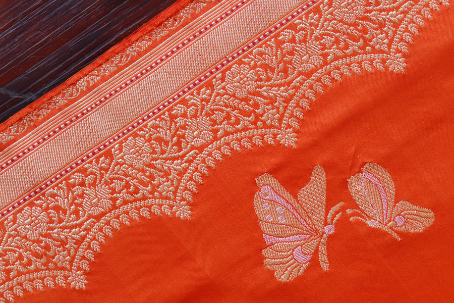 Orange Butterfly Motif Pure Silk Banarasi Saree | Stuti Weaves