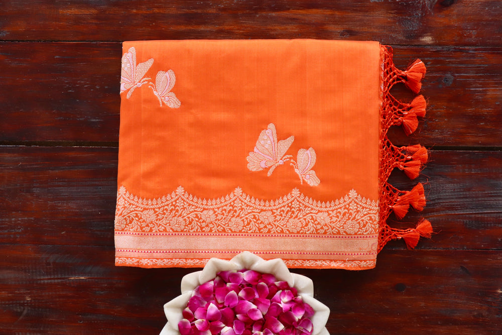 Orange Butterfly Motif Pure Silk Banarasi Saree | Stuti Weaves