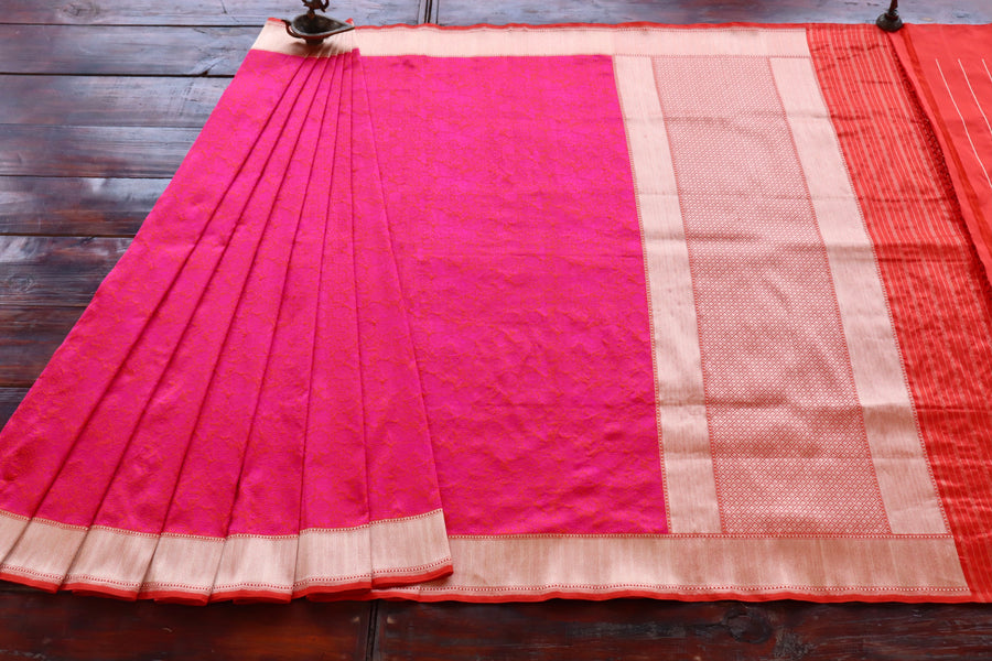Pink Butterfly Resham Handwoven Banarasi Tanchoi Silk Saree