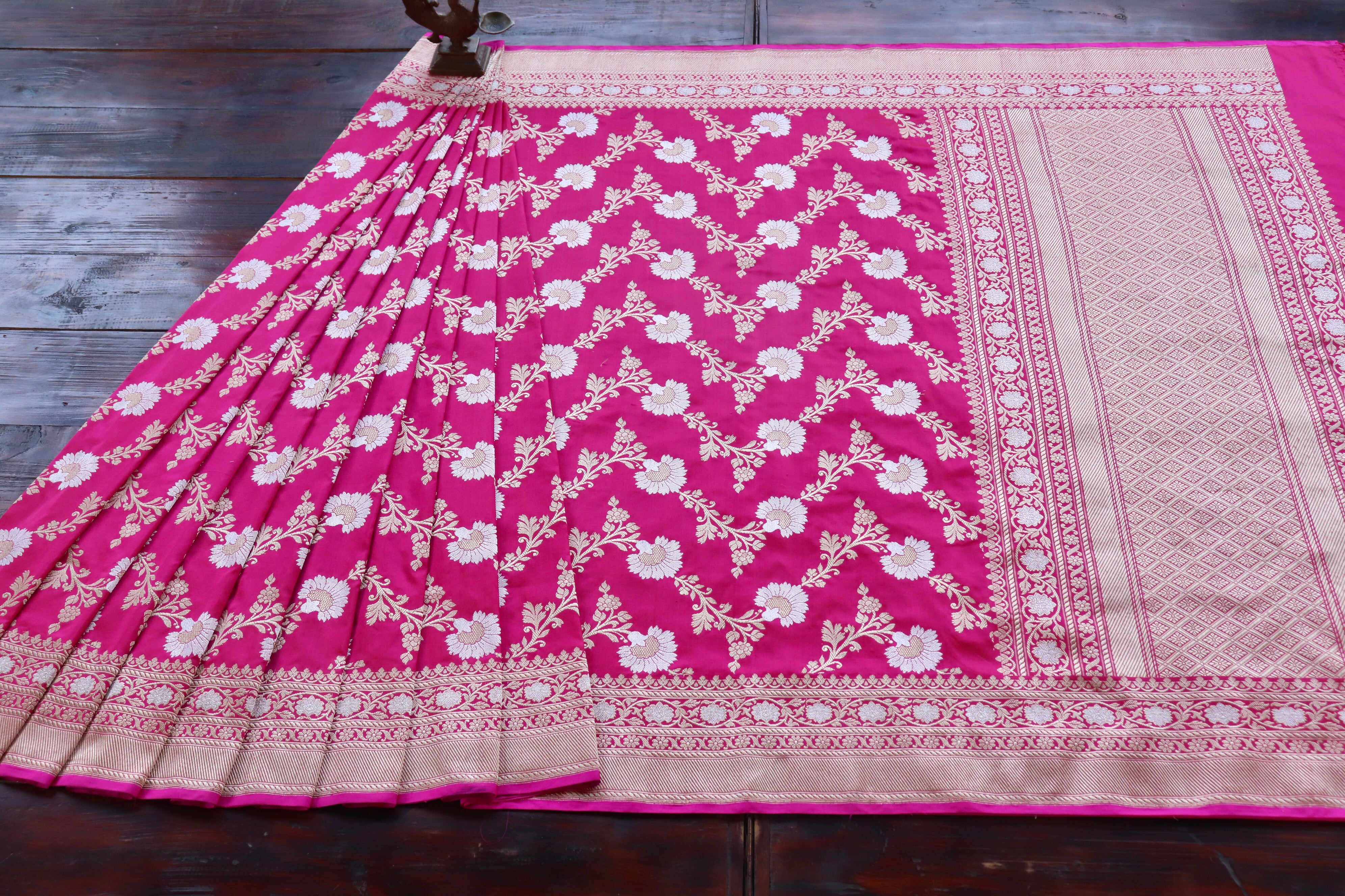Pink Zig Zag Jangla Pure Silk Handloom Banarasi Saree