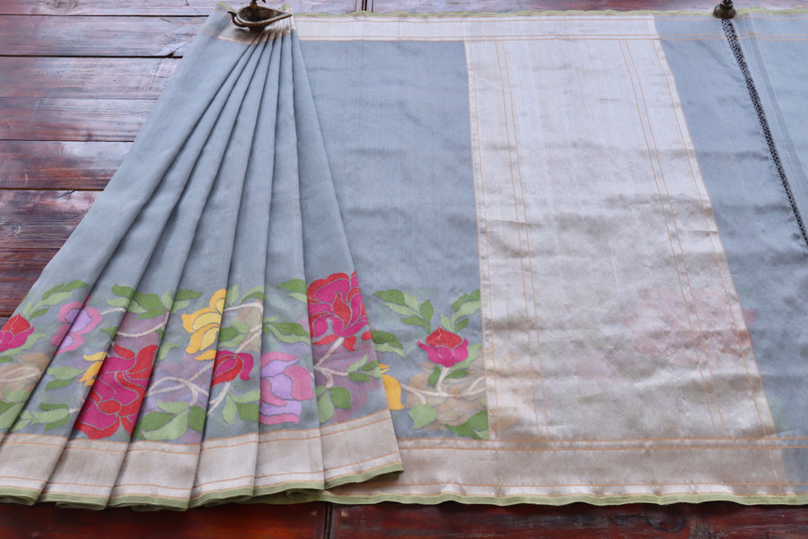 Grey With Multi Colour Flowers Pure Kora Silk Handloom Banarasi Saree