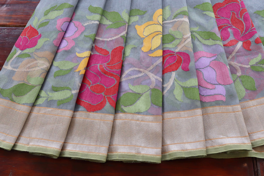 Grey With Multi Colour Flowers Pure Kora Silk Handloom Banarasi Saree