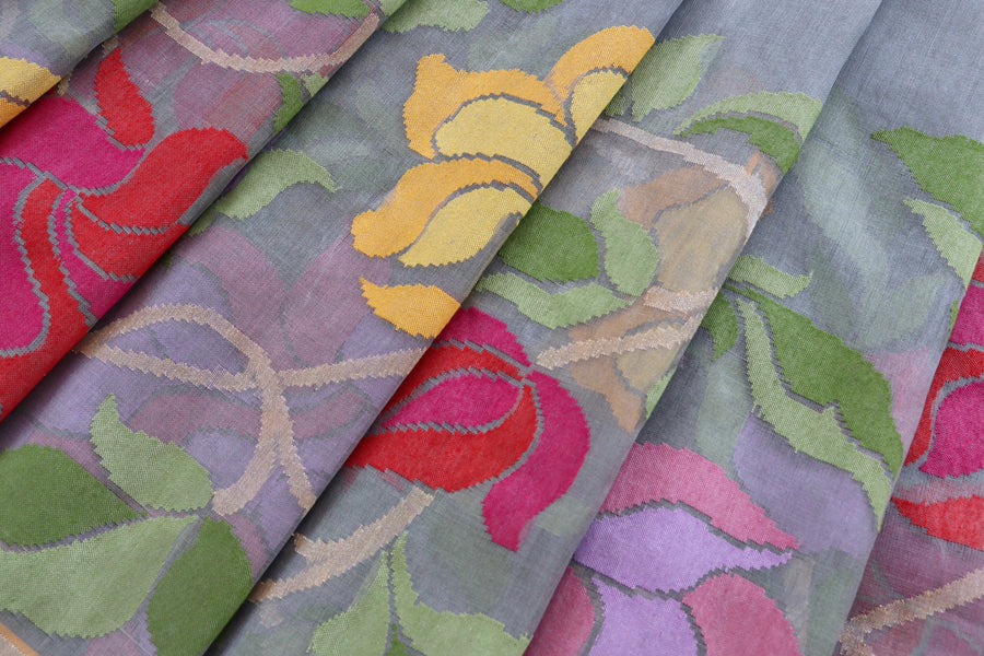 Grey With Multi Colour Flowers Pure Kora Silk Handloom Banarasi Saree