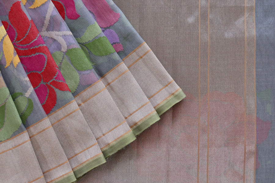 Grey With Multi Colour Flowers Pure Kora Silk Handloom Banarasi Saree