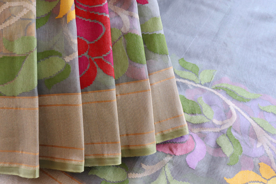 Grey With Multi Colour Flowers Pure Kora Silk Handloom Banarasi Saree
