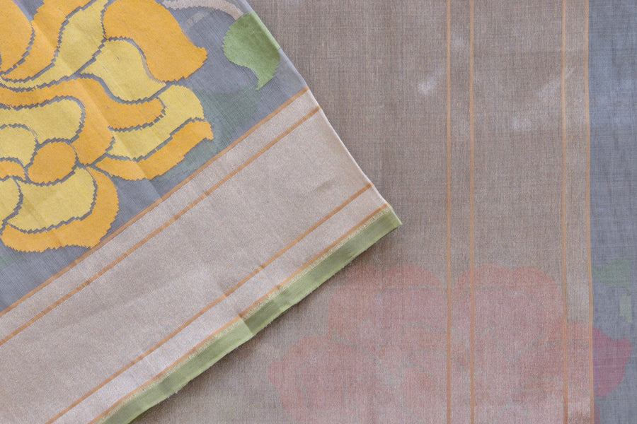 Grey With Multi Colour Flowers Pure Kora Silk Handloom Banarasi Saree