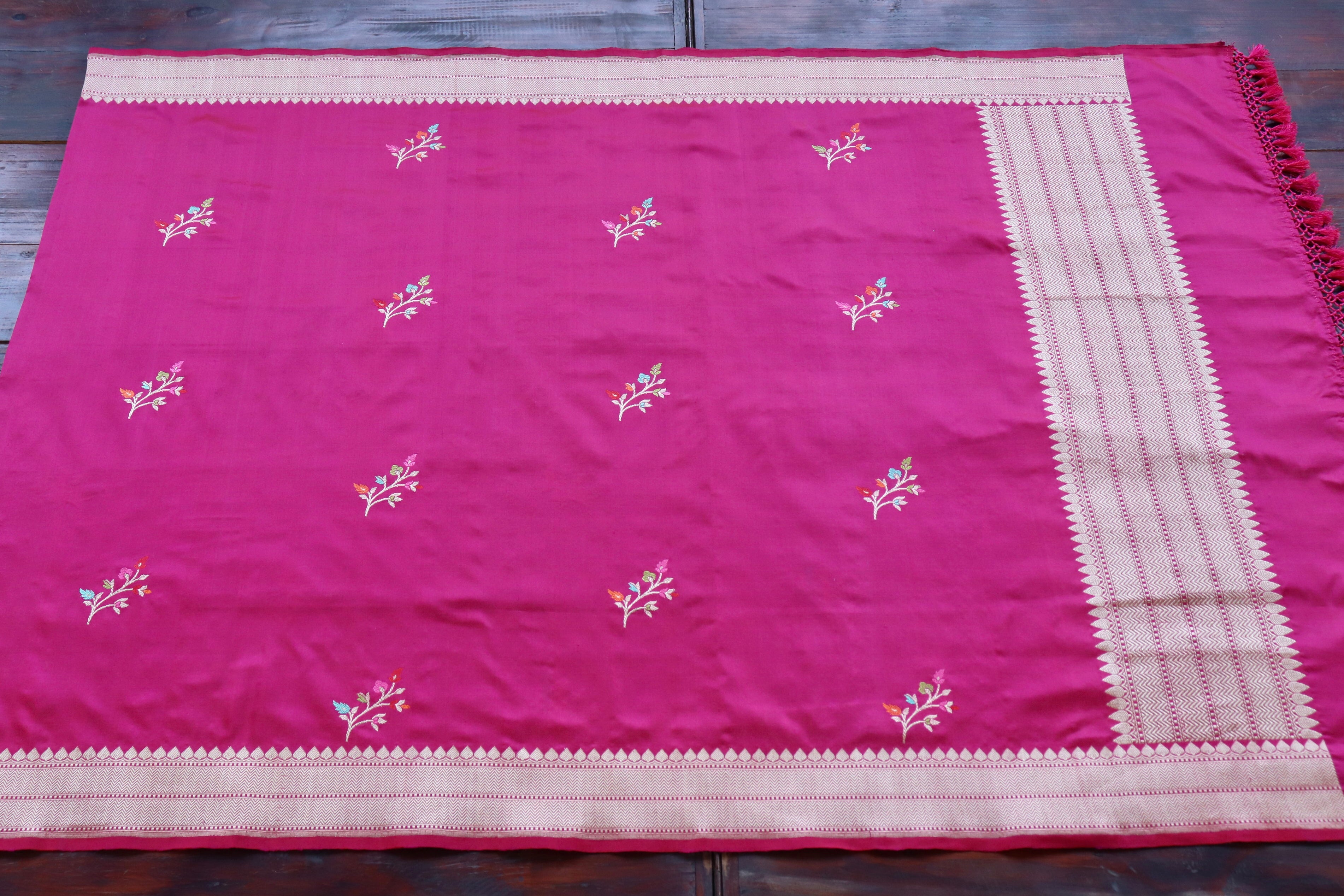 Magenta Leaf Motif Pure Silk Handloom Banarasi Dupatta