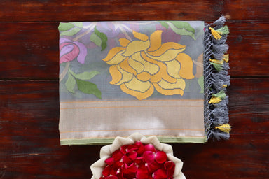 Grey handloom Banarsi saree in pure Kora silk