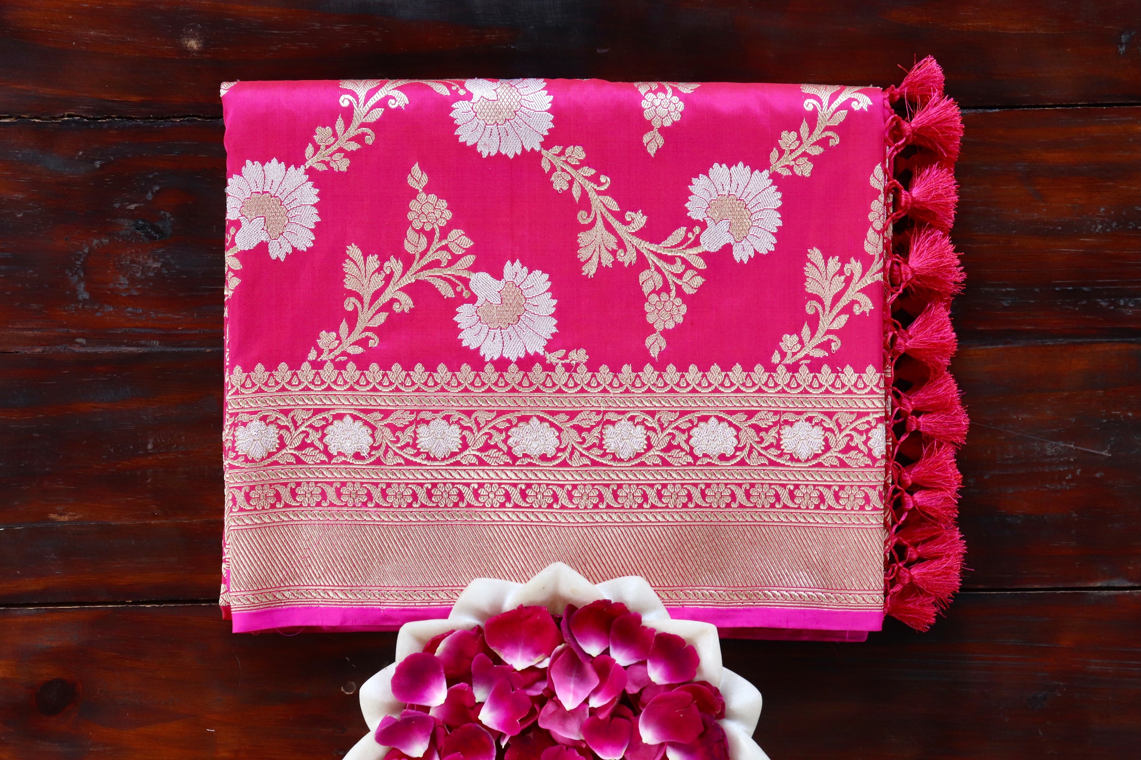 Pink Zig Zag Jangla Pure Silk Handloom Banarasi Saree