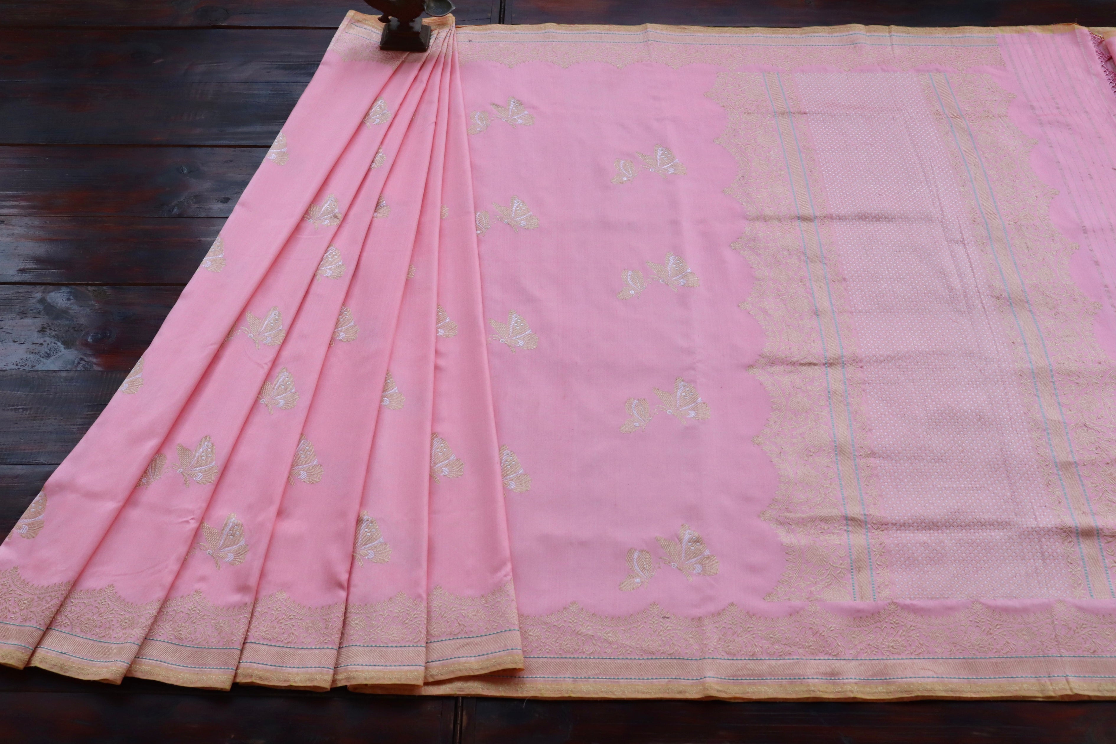 Baby Pink Butterfly Motif Pure Silk Handloom Banarasi Saree