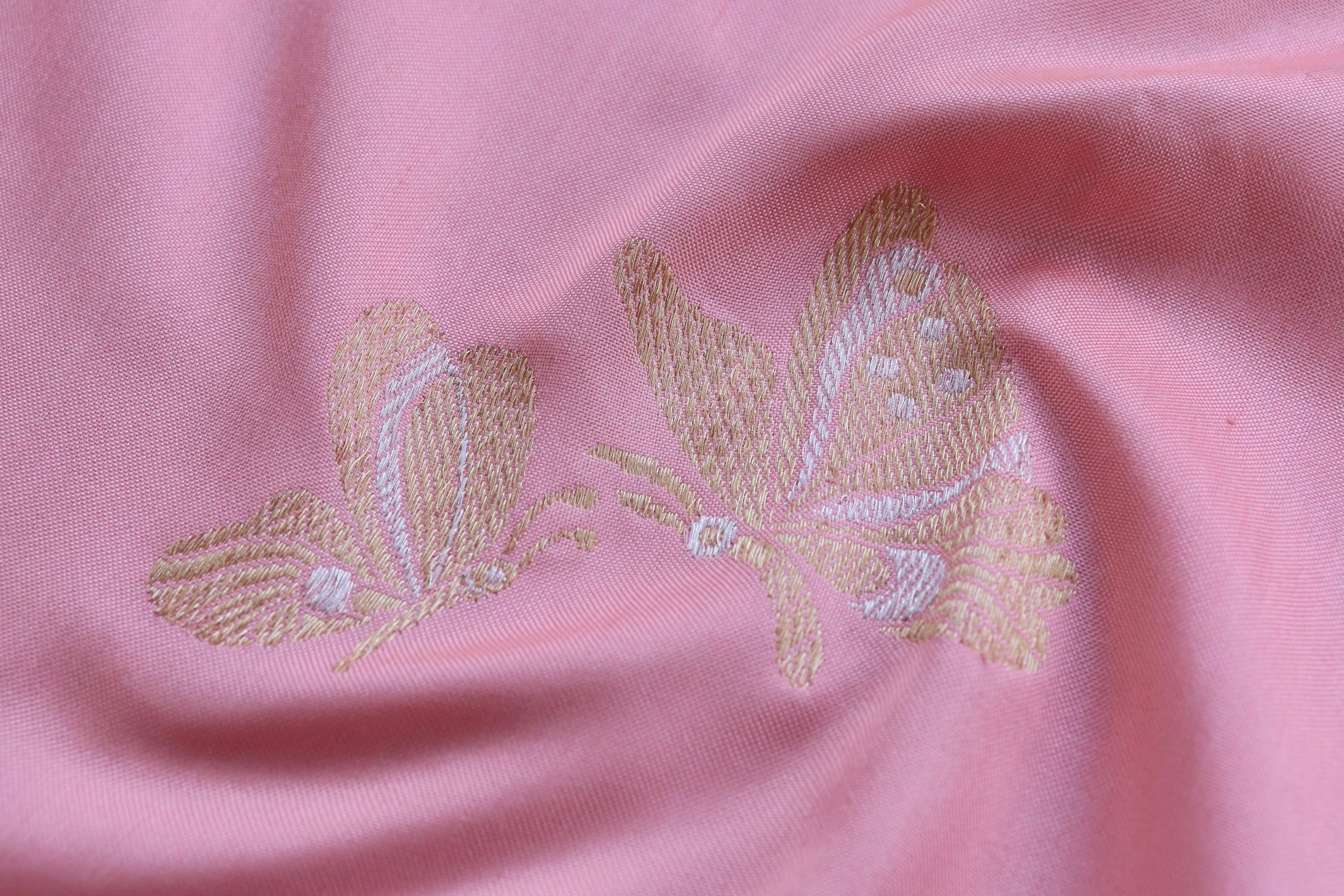 Baby Pink Butterfly Motif Pure Silk Handloom Banarasi Saree