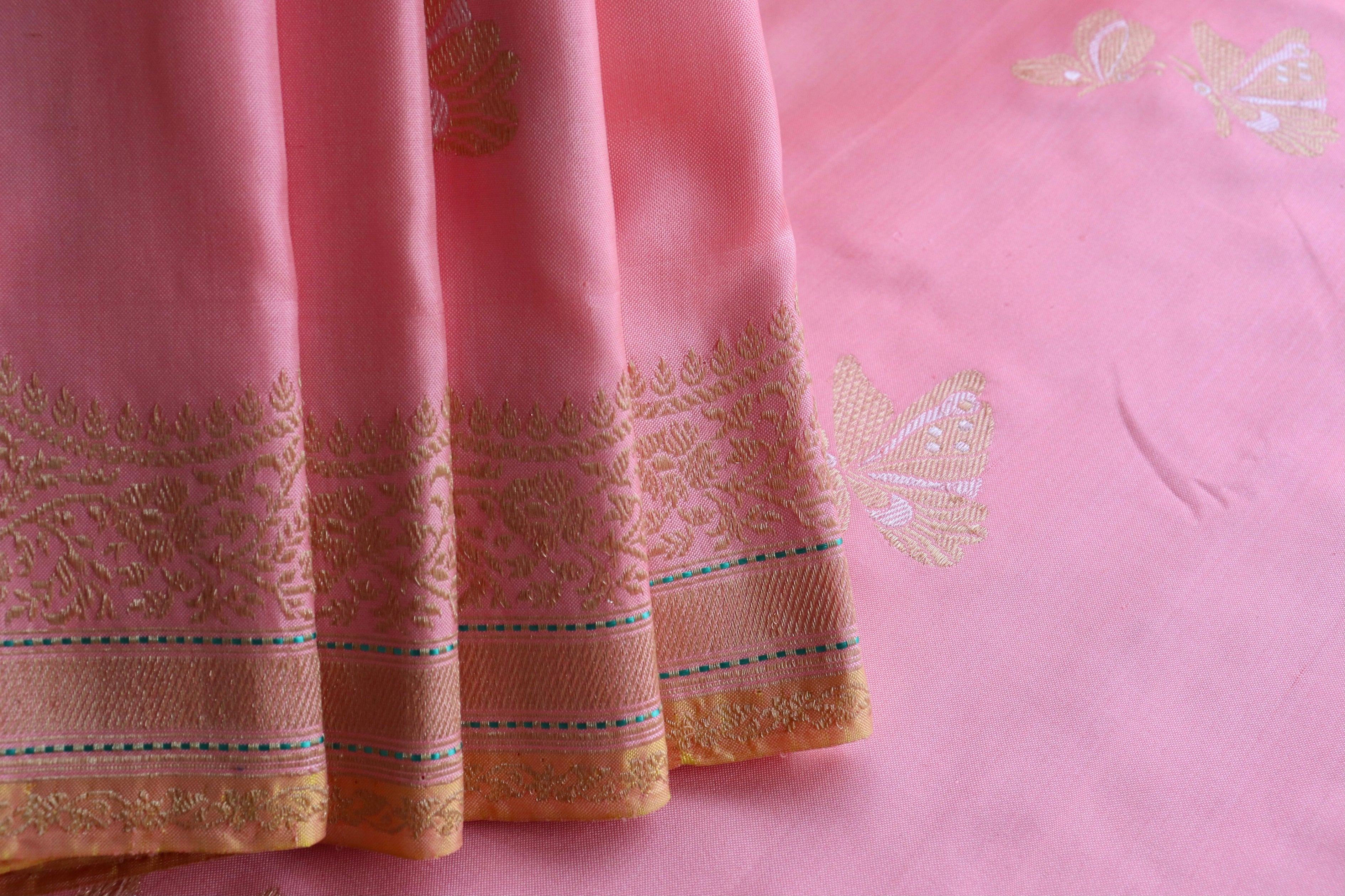 Baby Pink Butterfly Motif Pure Silk Handloom Banarasi Saree