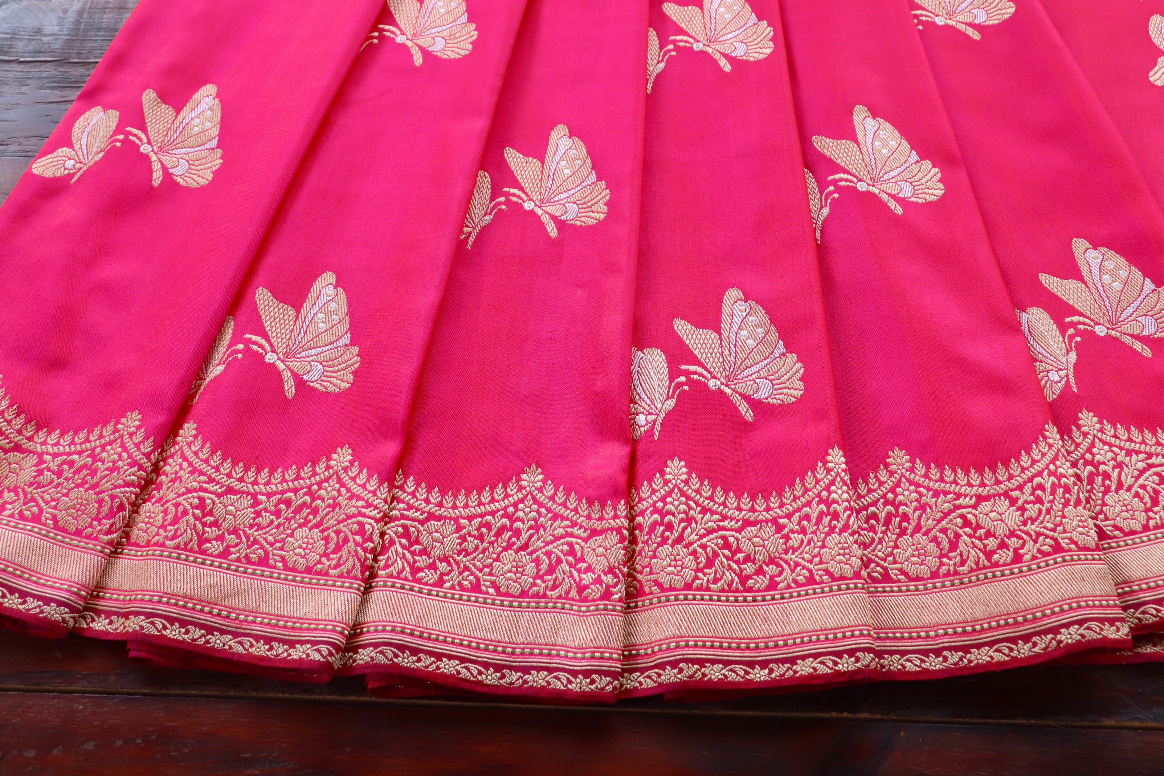 Bright Pink Butterfly Motif Pure Silk Handloom Banarasi Saree