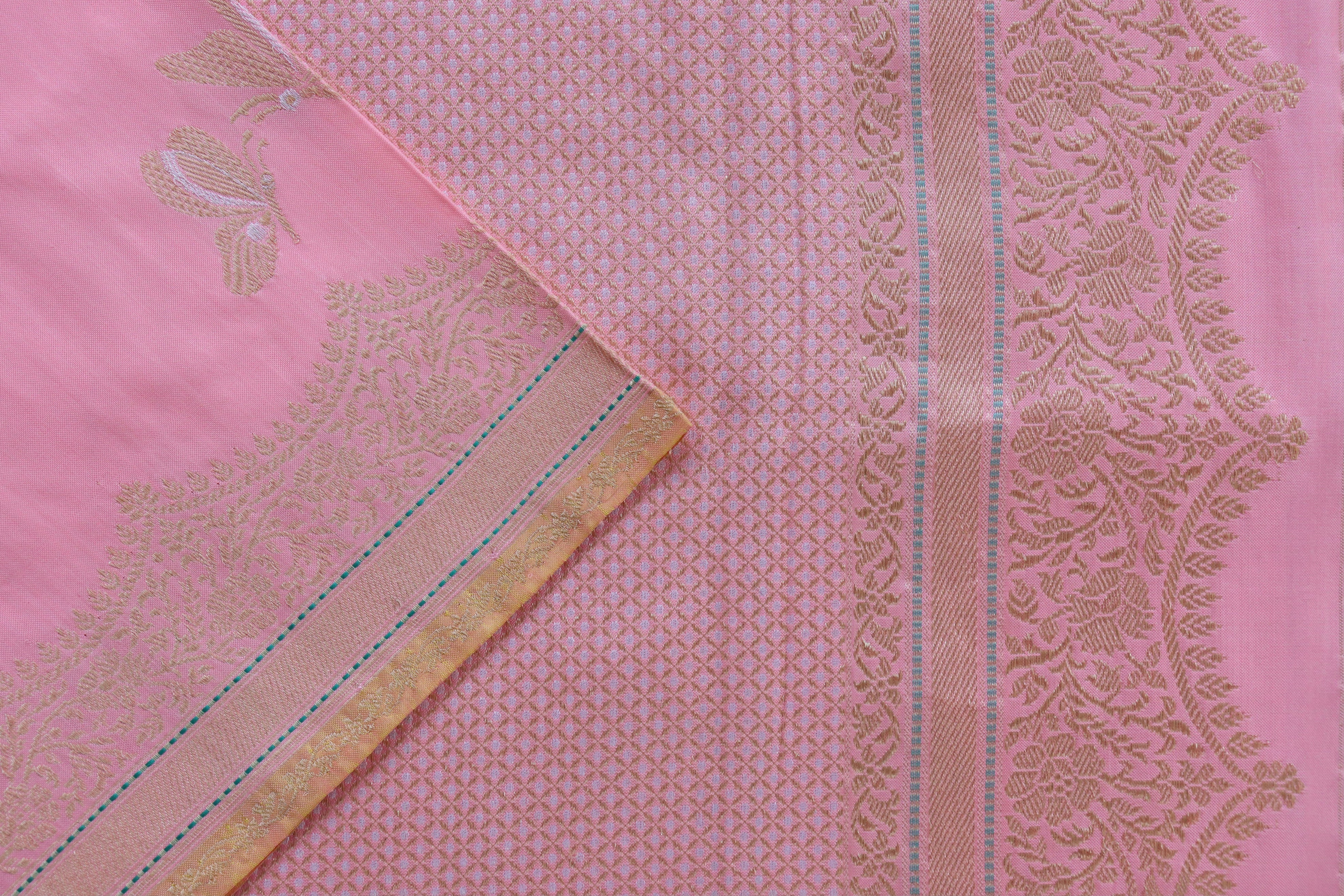 Baby Pink Butterfly Motif Pure Silk Handloom Banarasi Saree