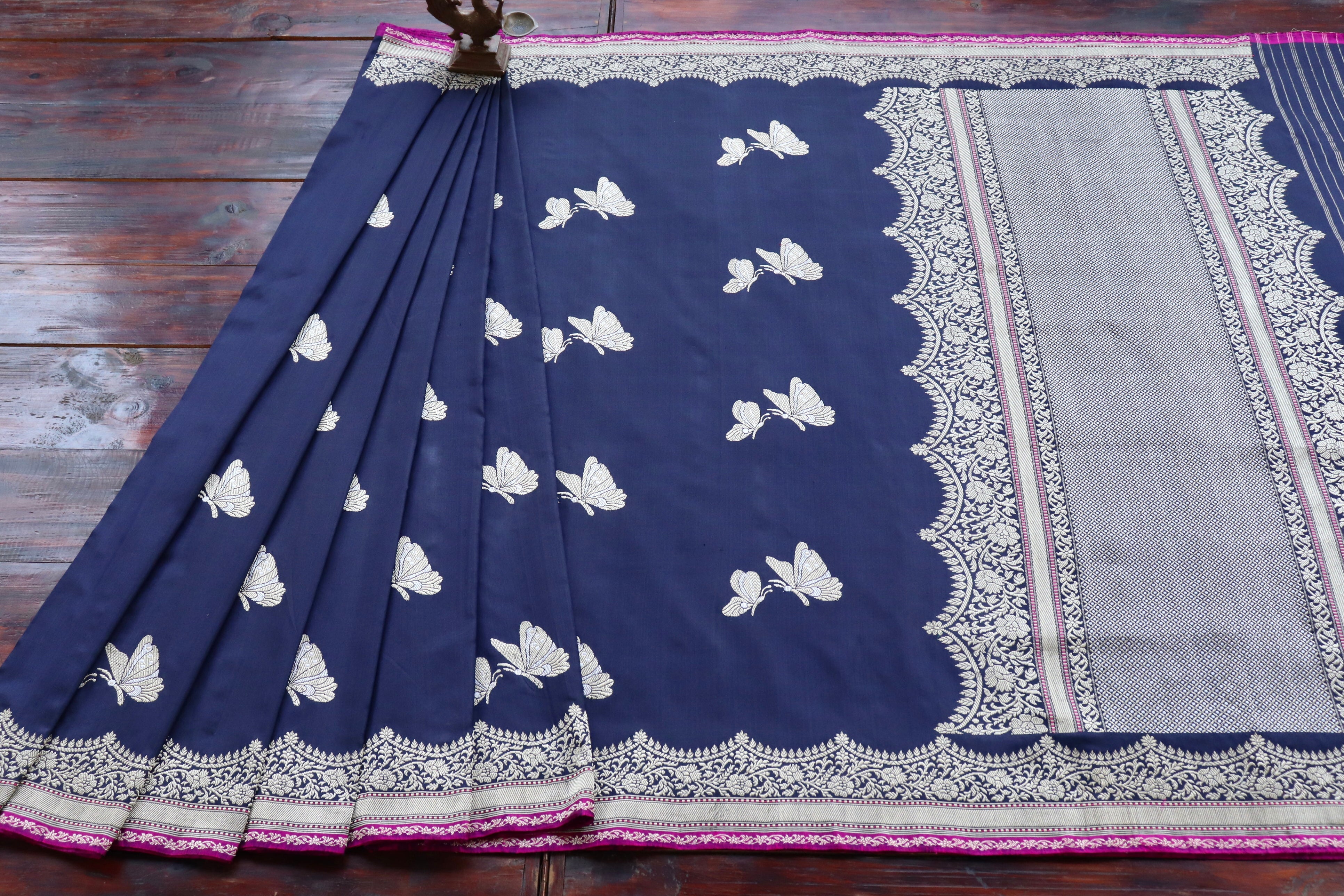 Midnight Blue Butterfly Motif Pure Silk Handloom Banarasi Saree