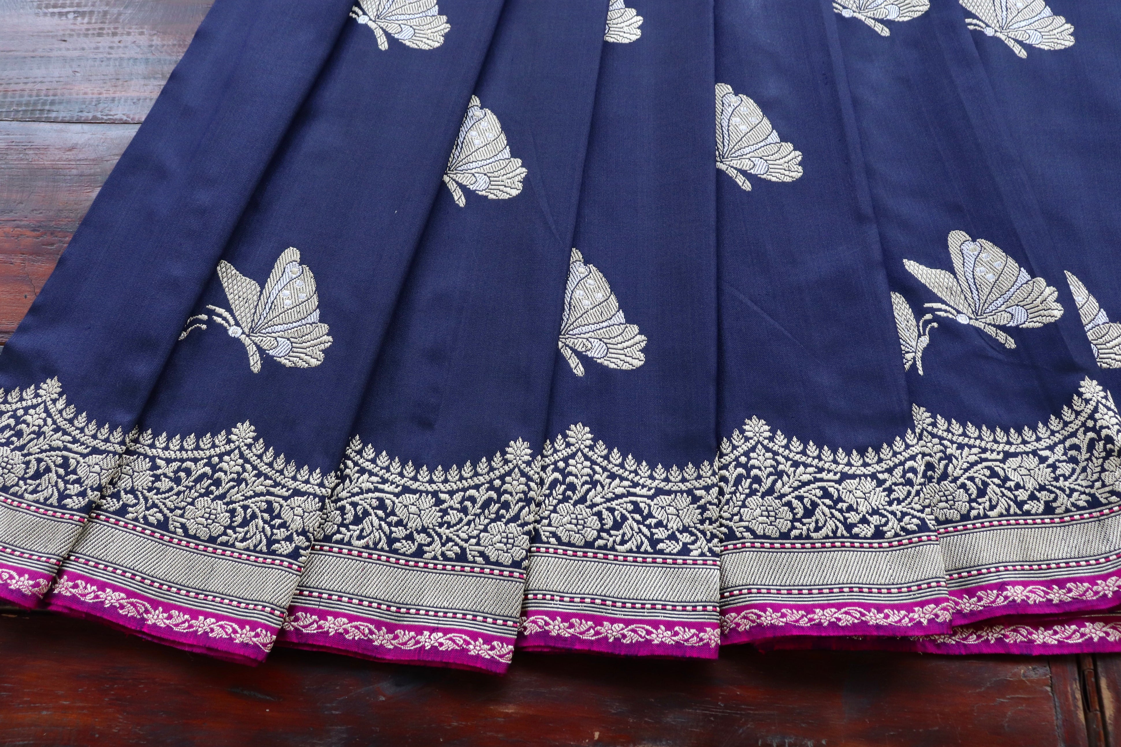 Midnight Blue Butterfly Motif Pure Silk Handloom Banarasi Saree