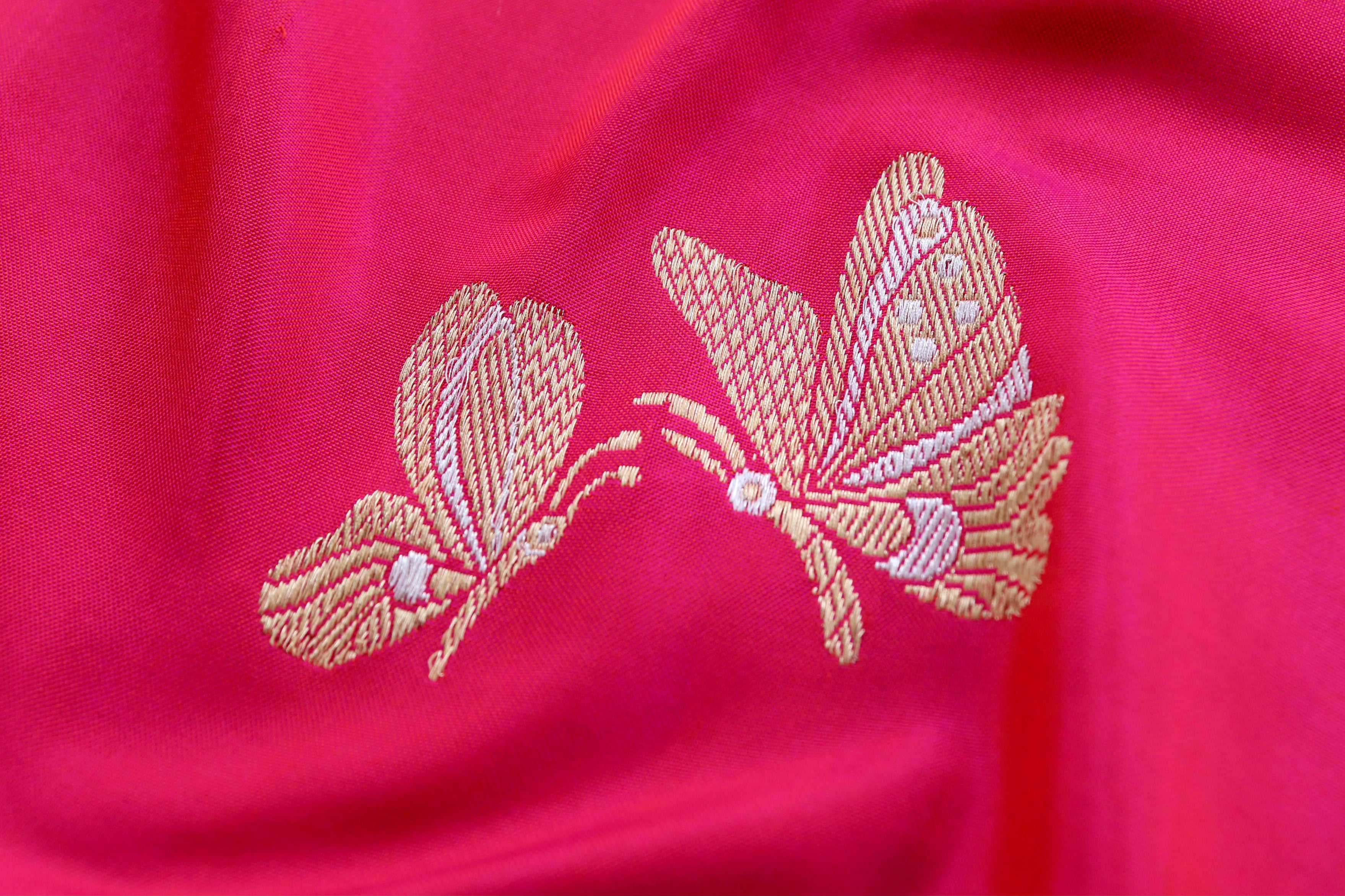 Bright Pink Butterfly Motif Pure Silk Handloom Banarasi Saree