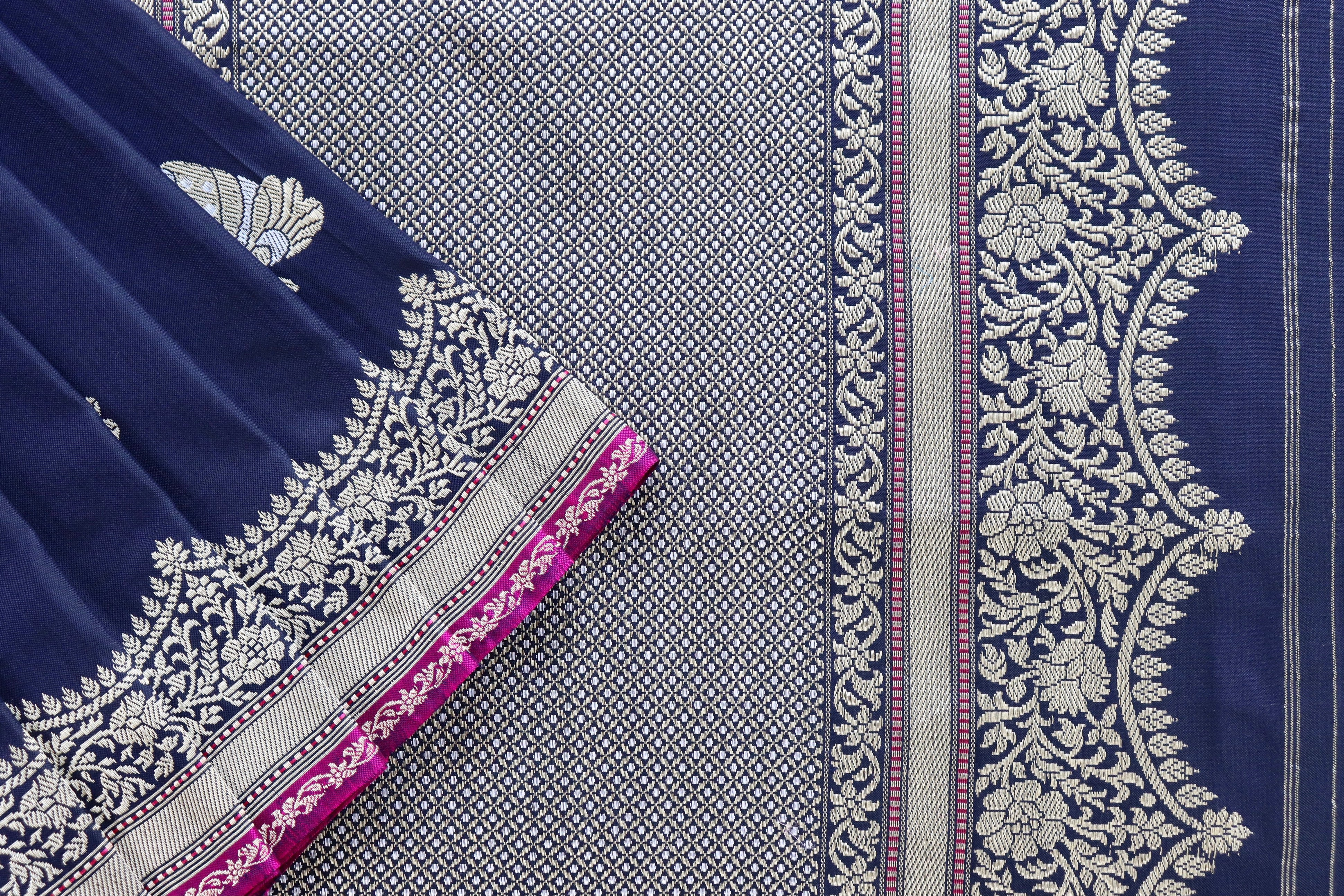 Midnight Blue Butterfly Motif Pure Silk Handloom Banarasi Saree