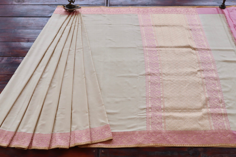 Ivory & Pink Banarasi Handwoven Satin Silk Saree