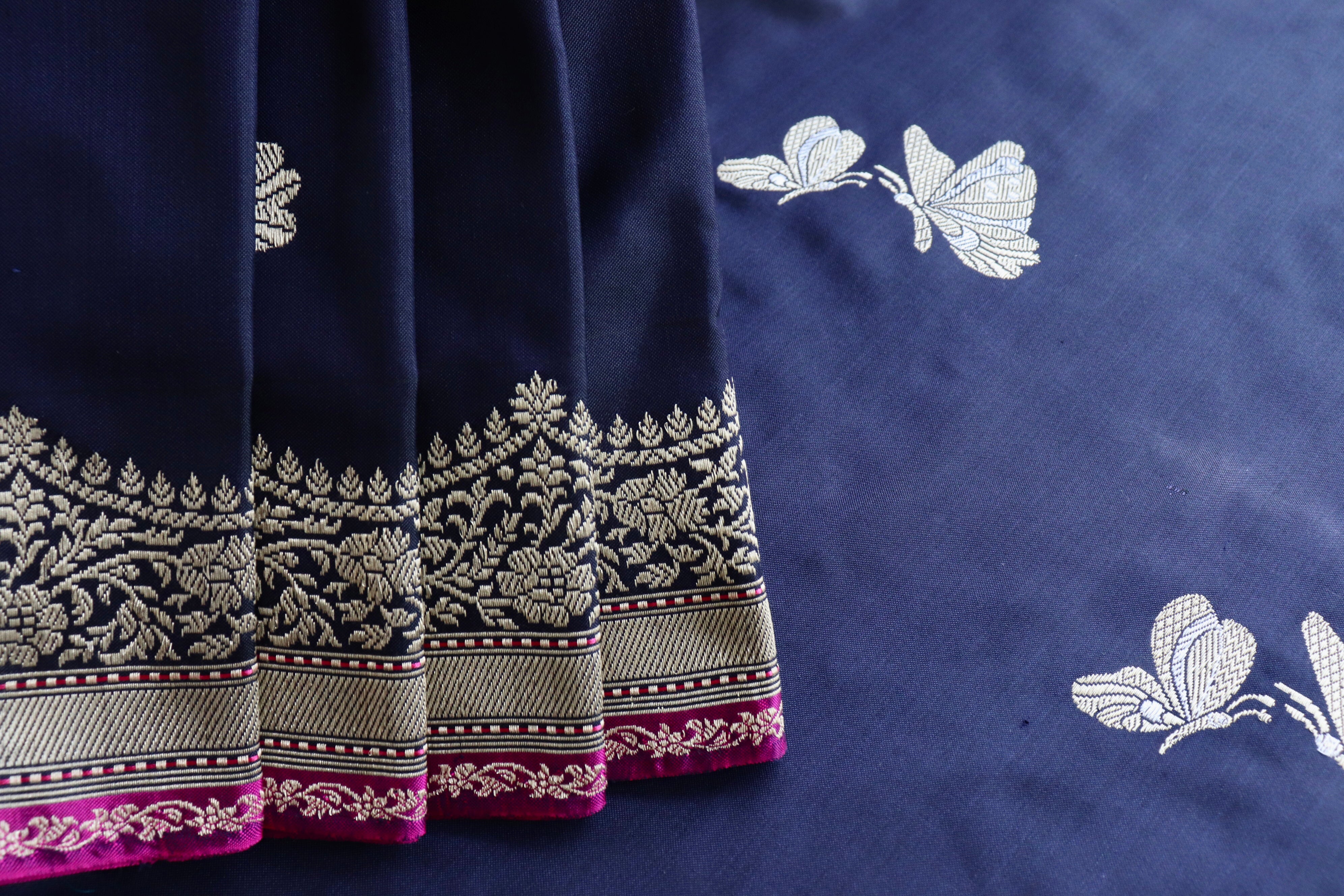 Midnight Blue Butterfly Motif Pure Silk Handloom Banarasi Saree