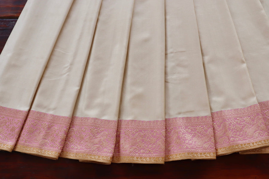 Ivory & Pink Banarasi Handwoven Satin Silk Saree