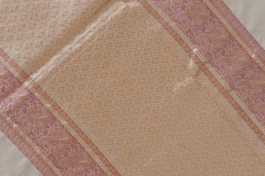 Ivory & Pink Banarasi Handwoven Satin Silk Saree