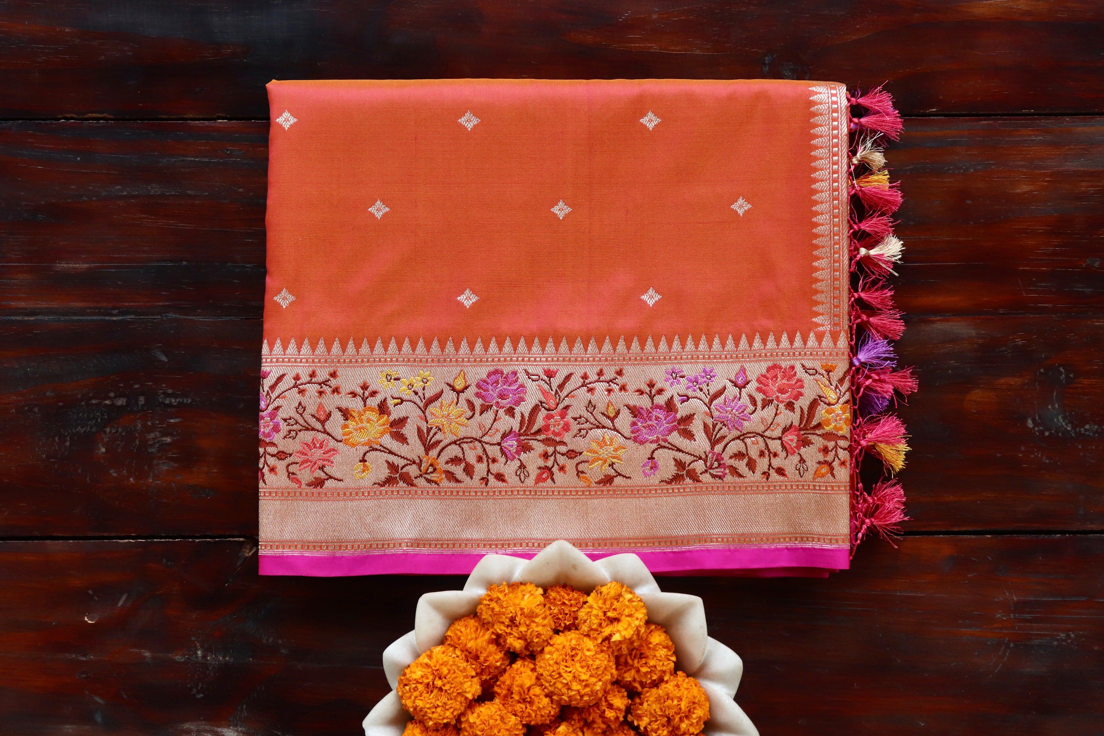 Orange Kadhua Pure Katan Silk Handloom Banarasi Saree