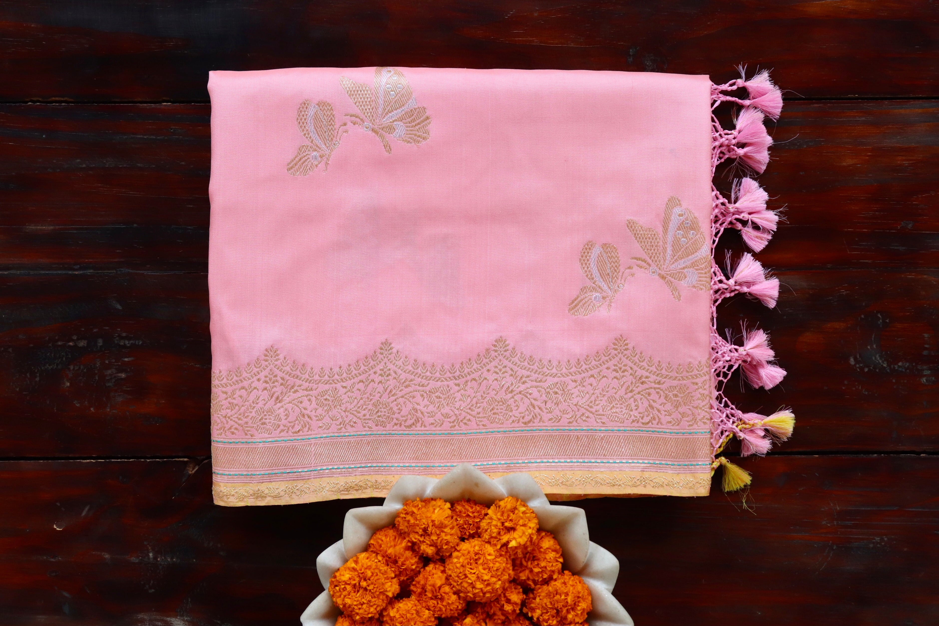 Baby Pink Butterfly Motif Pure Silk Handloom Banarasi Saree