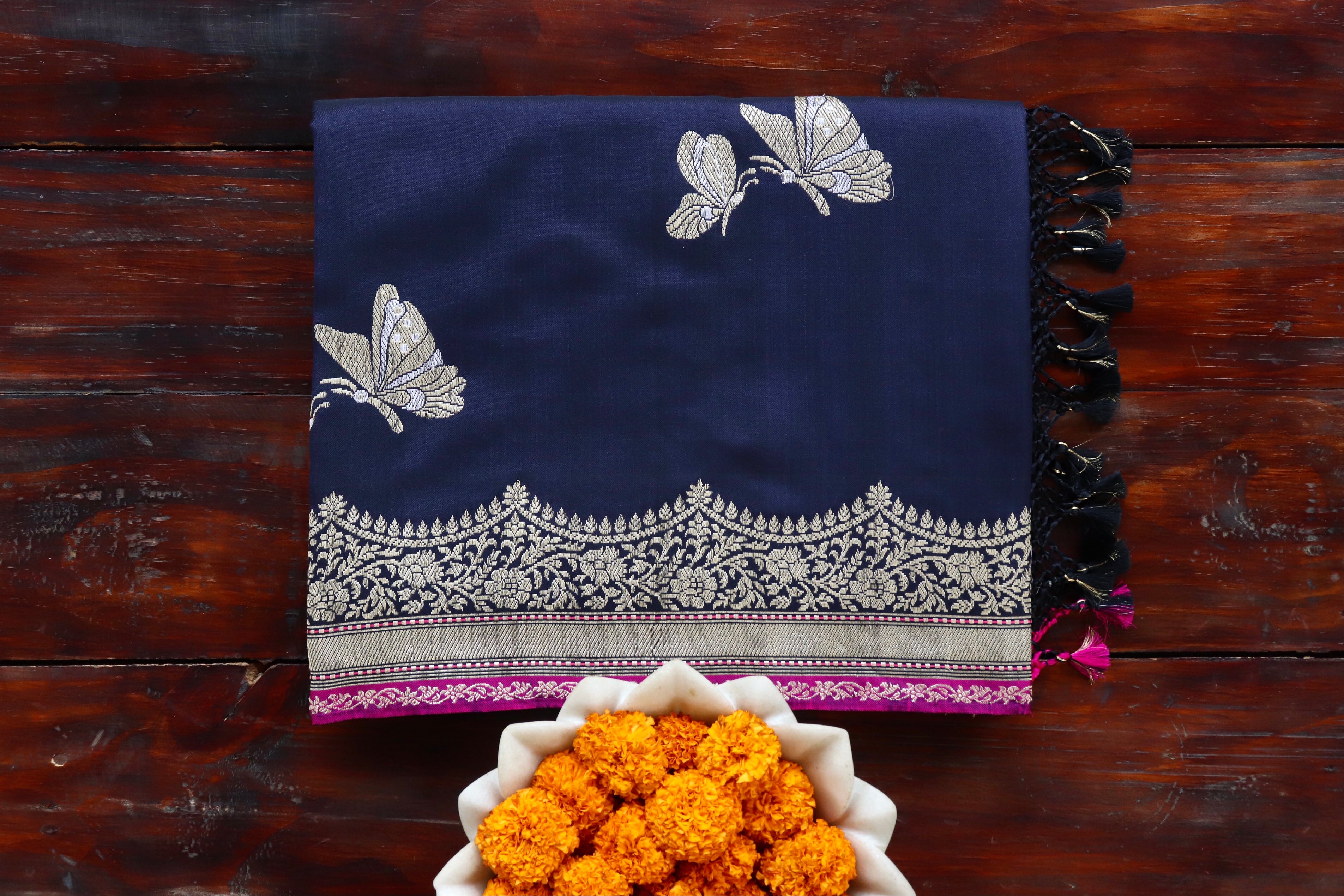 Midnight Blue Butterfly Motif Pure Silk Handloom Banarasi Saree