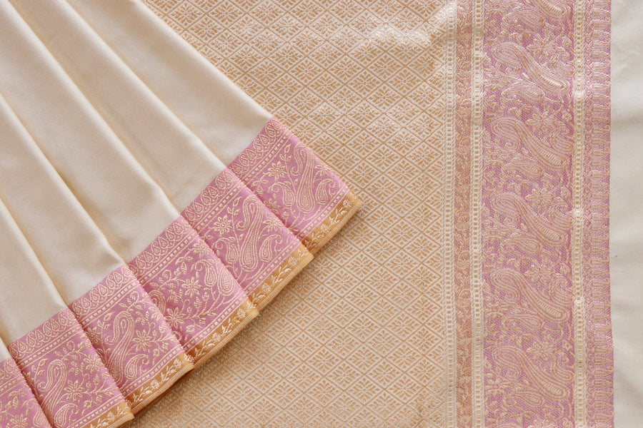 Ivory & Pink Banarasi Handwoven Satin Silk Saree