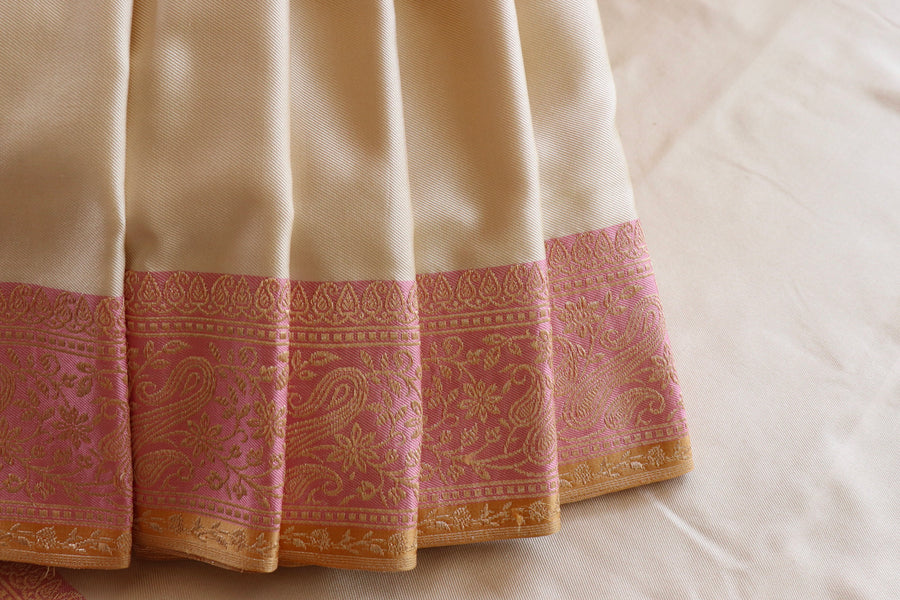 Ivory & Pink Banarasi Handwoven Satin Silk Saree