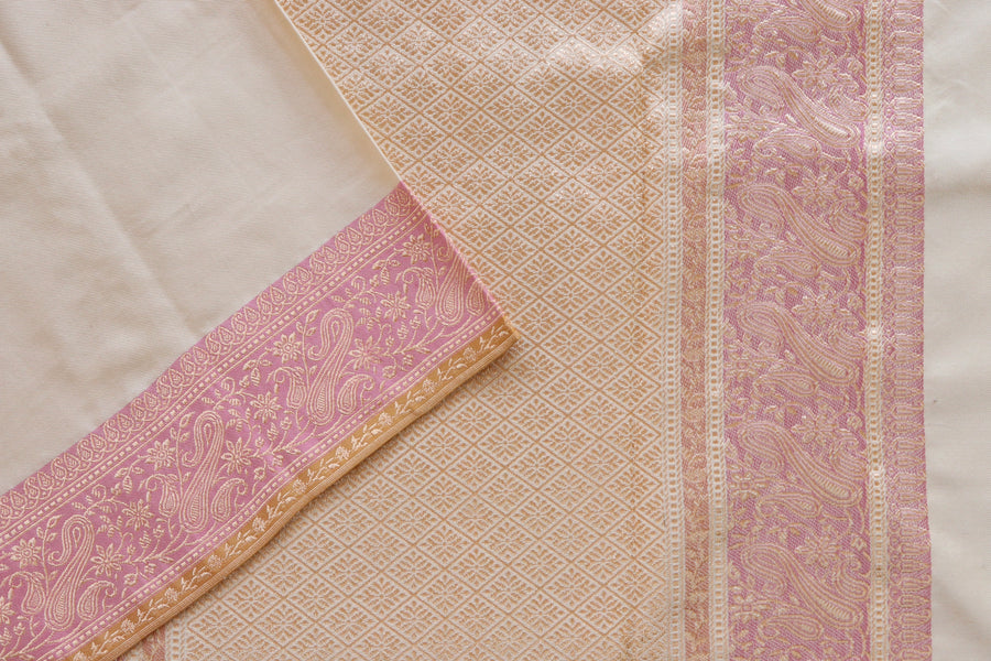 Ivory & Pink Banarasi Handwoven Satin Silk Saree