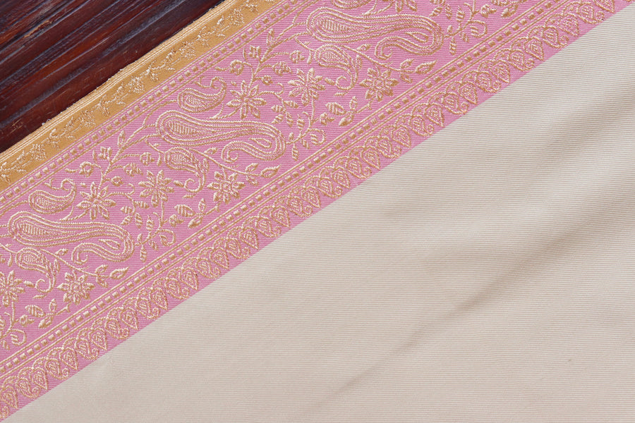 Ivory & Pink Banarasi Handwoven Satin Silk Saree