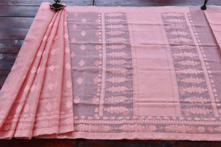 Peachy Pink Resham Kadhua Pure Kora Silk Handloom Saree