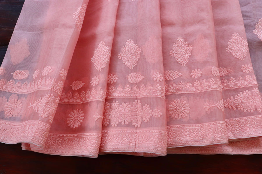 Peachy Pink Resham Kadhua Pure Kora Silk Handloom Saree