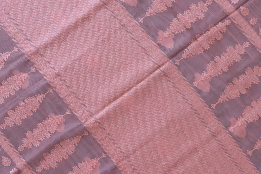 Peachy Pink Resham Kadhua Pure Kora Silk Handloom Saree